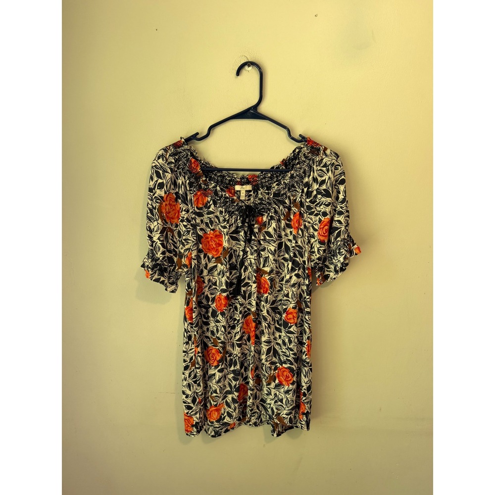Joie Women Orange Floral Smocked Neck Short Sleeve Blouse Top Size M Black White